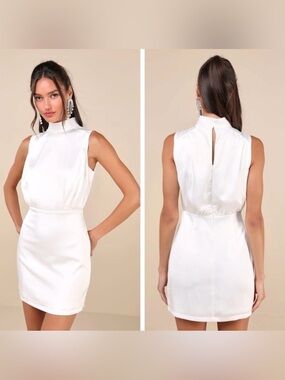 NEW Lulus Classic Elegance White Satin Sleeveless Mock Neck Mini Dress, Size XL